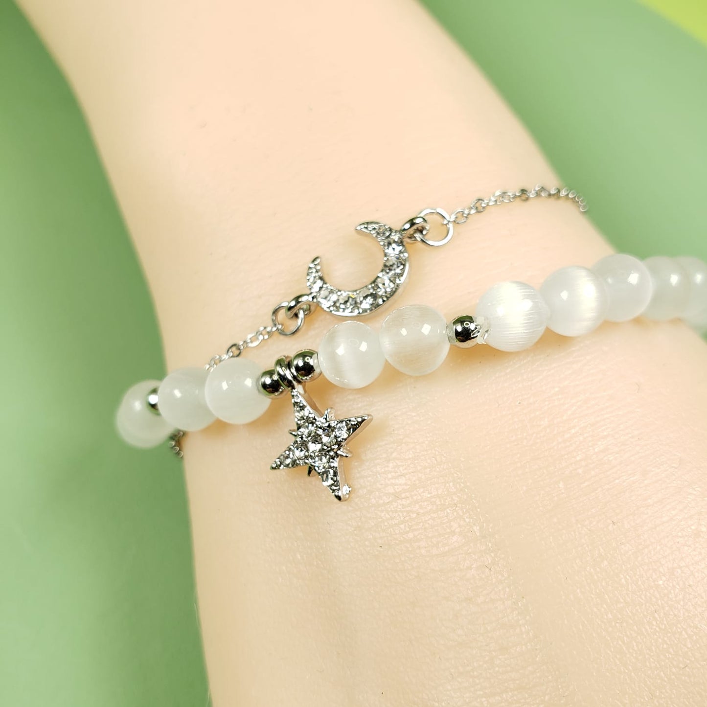 Opal Crystal Moon And Star Set Of Beaded Chain Bracelets (BBE 6211)