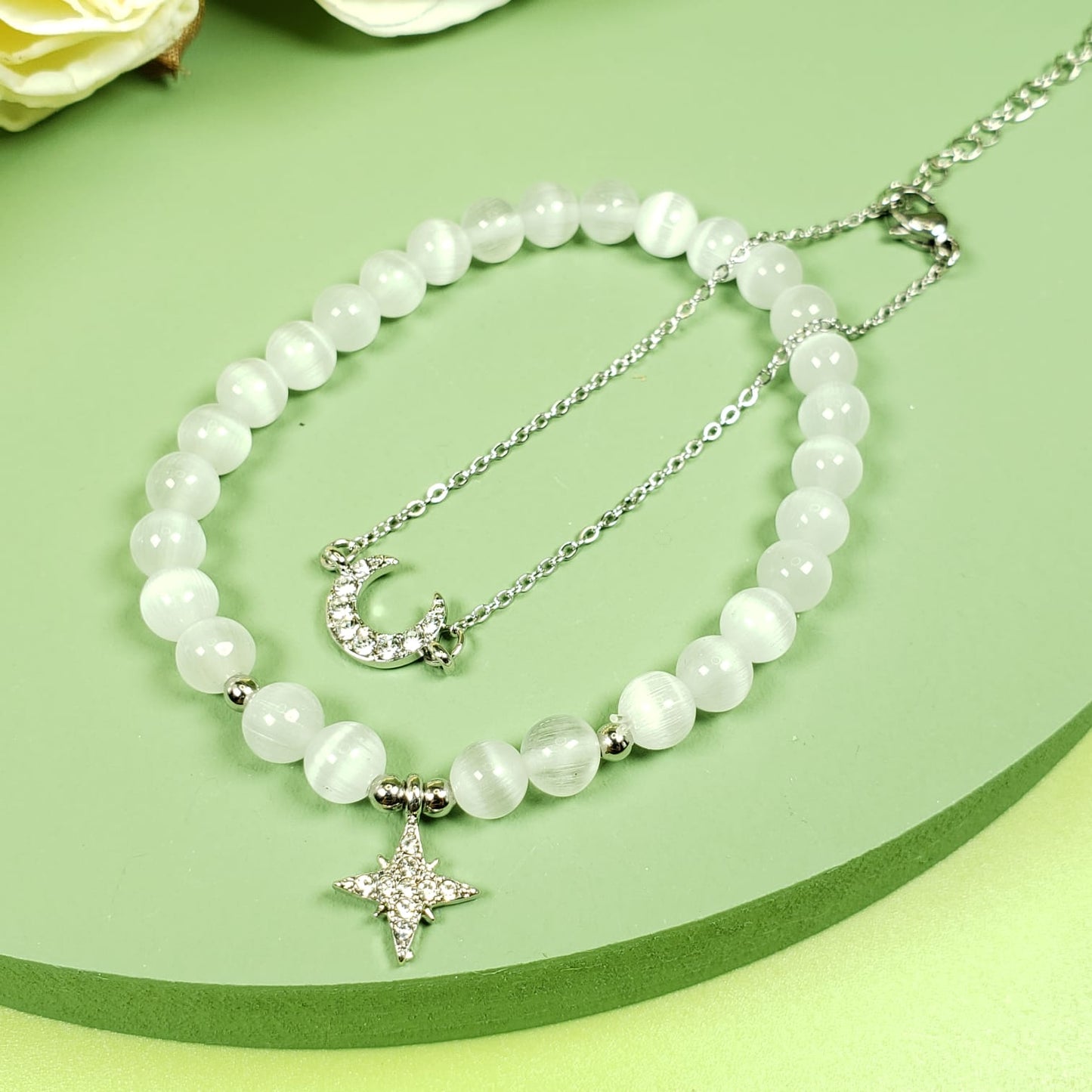 Opal Crystal Moon And Star Set Of Beaded Chain Bracelets (BBE 6211)