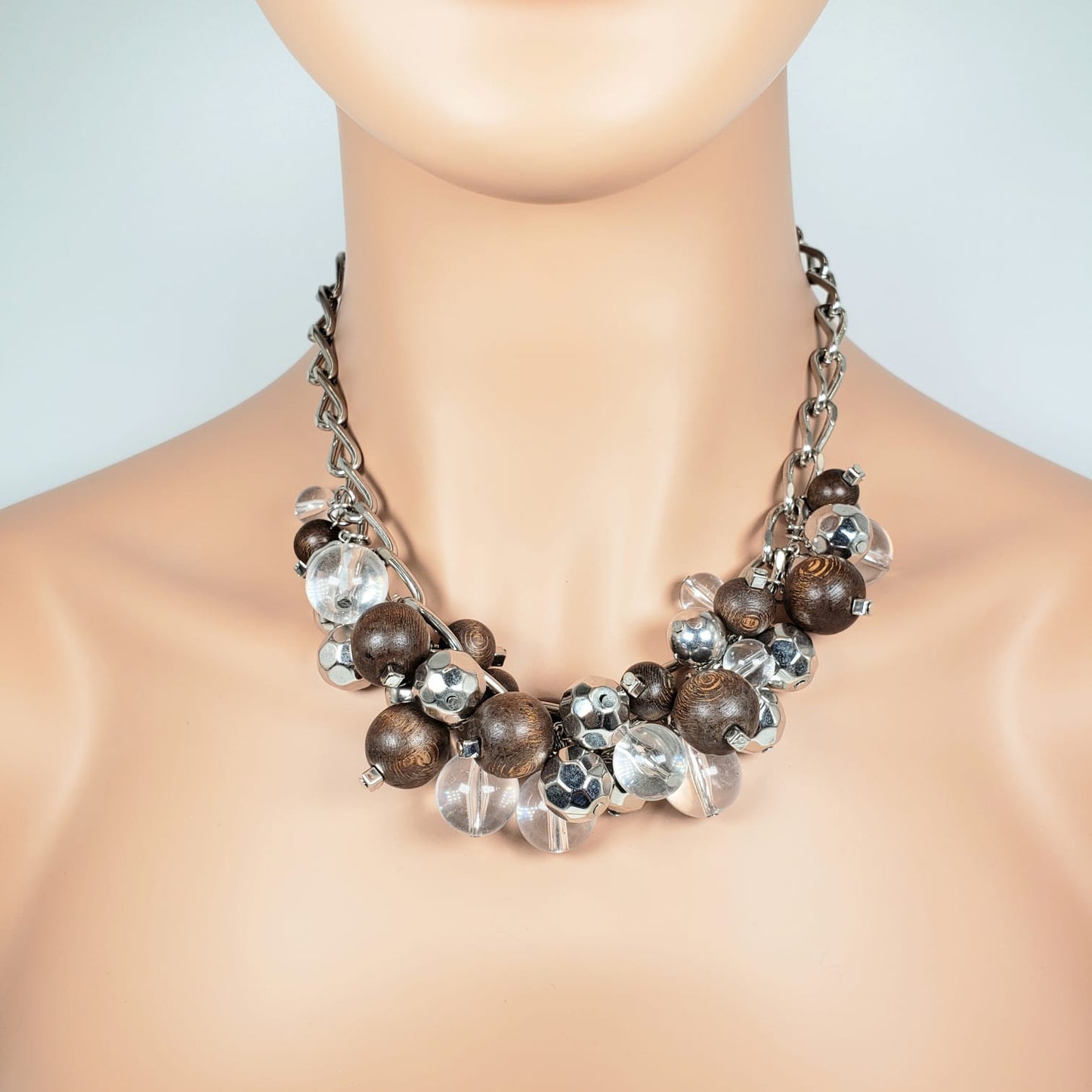 Transparent Bead & Wood Ball Matinee Necklace (MAN 8004)