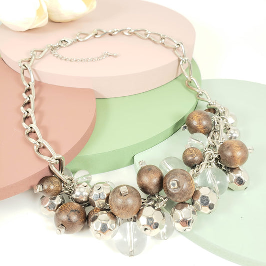 Transparent Bead & Wood Ball Matinee Necklace (MAN 8004)