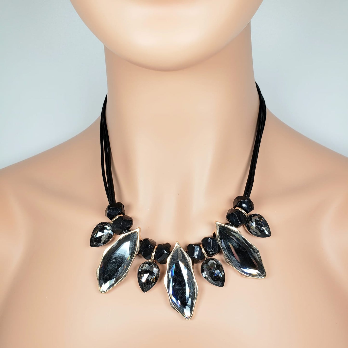 Grey Crystal Leather Rope Matinee Necklace (MAN 8002)