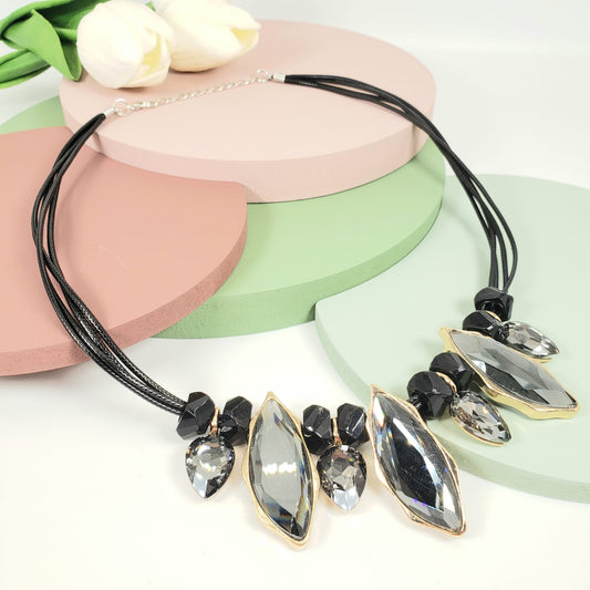 Grey Crystal Leather Rope Matinee Necklace (MAN 8002)