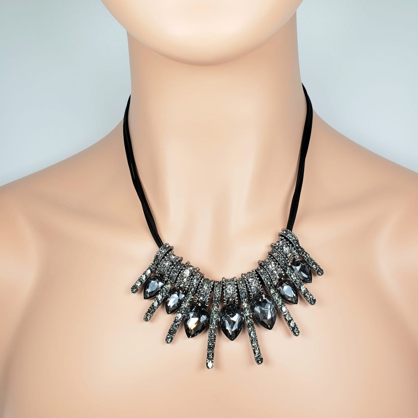 Crystal Strip Leather Rope Matinee Necklace (MAN 8007)