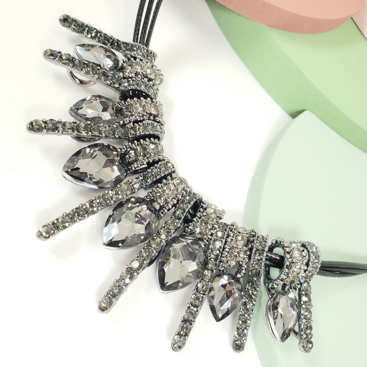 Crystal Strip Leather Rope Matinee Necklace (MAN 8007)