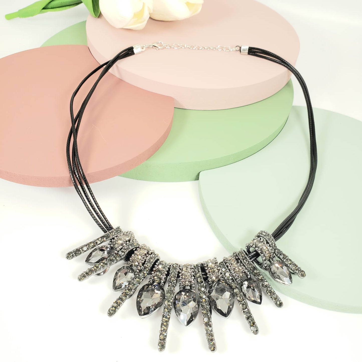 Crystal Strip Leather Rope Matinee Necklace (MAN 8007)